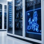 Visualisierung von EU-Datensouveränität: Eine leuchtend blaue Karte der Europäischen Union, die in einen modernen Serverschrank innerhalb eines großen Rechenzentrums integriert ist.