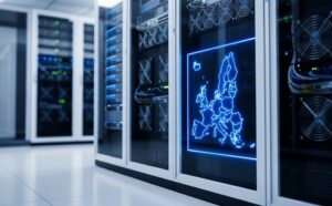 Visualisierung von EU-Datensouveränität: Eine leuchtend blaue Karte der Europäischen Union, die in einen modernen Serverschrank innerhalb eines großen Rechenzentrums integriert ist.