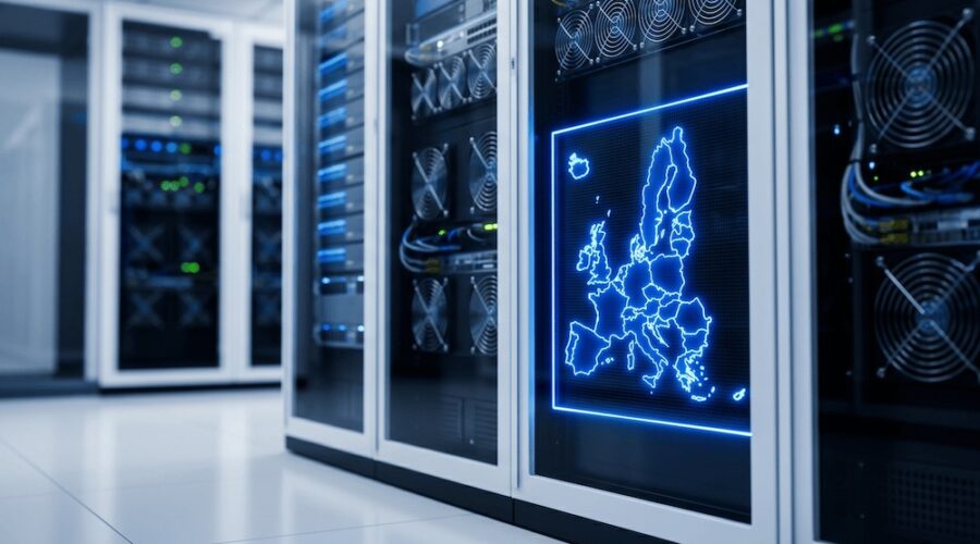 Visualisierung von EU-Datensouveränität: Eine leuchtend blaue Karte der Europäischen Union, die in einen modernen Serverschrank innerhalb eines großen Rechenzentrums integriert ist.