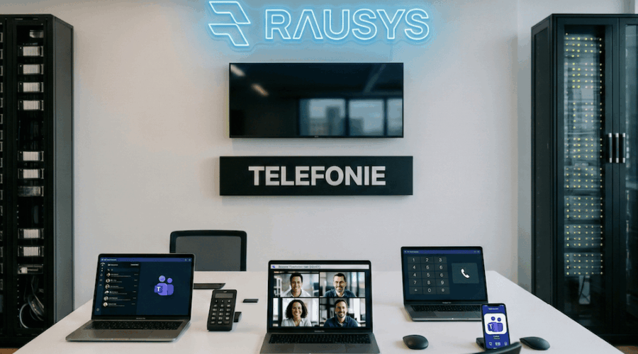 Modernes Büro-Setup mit Microsoft Teams Telefonie auf Laptop und Smartphone unter einem neonblauen "RAUSYS"-Logo