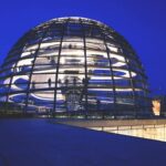 Beleuchtete Glaskuppel des Reichstagsgebäudes bei Nacht – Symbolbild für das deutsche NIS2-Umsetzungsgesetz
