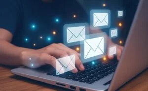 Nahaufnahme einer Person, die auf einem Laptop tippt, während leuchtende E-Mail-Symbole über der Tastatur schweben. Umgeben von blauen und orangefarbenen Lichtpunkten, die eine digitale Kommunikation symbolisieren.