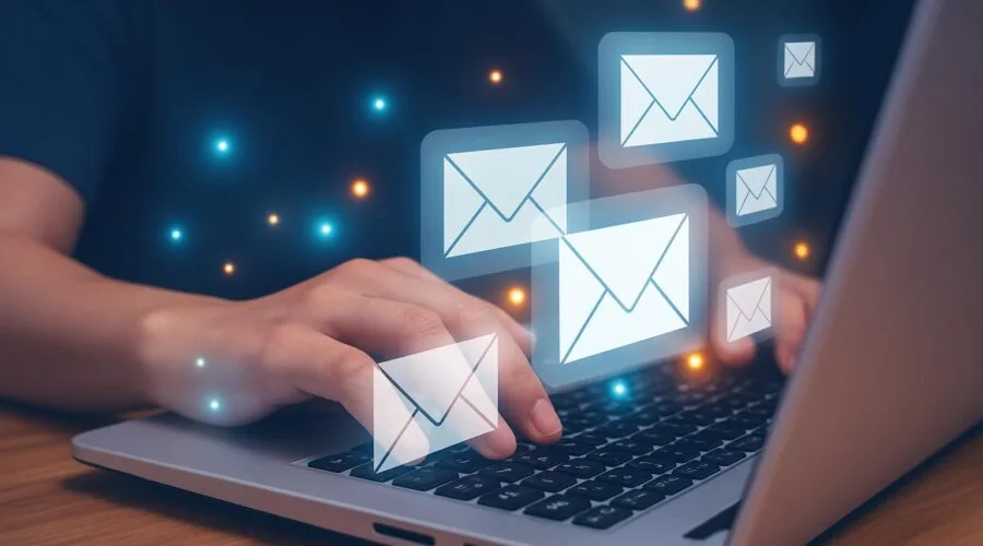 Nahaufnahme einer Person, die auf einem Laptop tippt, während leuchtende E-Mail-Symbole über der Tastatur schweben. Umgeben von blauen und orangefarbenen Lichtpunkten, die eine digitale Kommunikation symbolisieren.